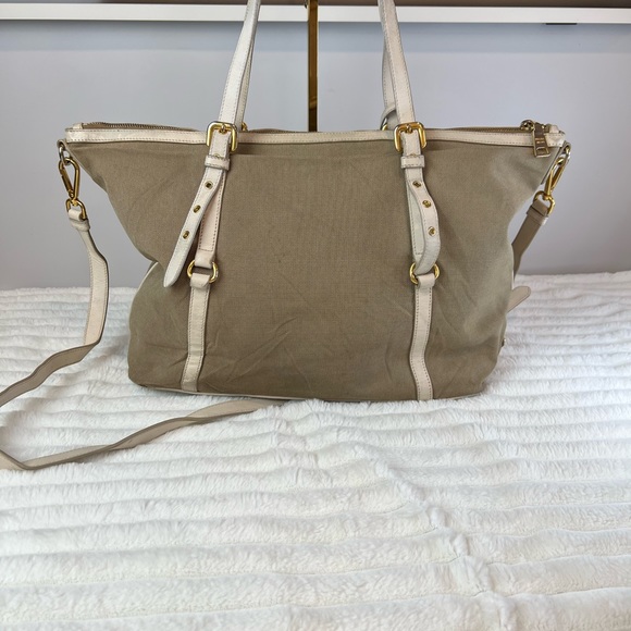 💯 Authentic Prada Beige/Brown Jacquard Logo Canvas and Leather Bow Top handle - Picture 2 of 16